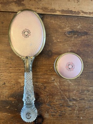 Vintage Art Deco Vanity Set Brush & Jar Pink Floral Flaws