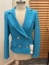 NWT Zara Turquoise Blue Tweed Textured Double Breasted Cotton Blazer Gold Button