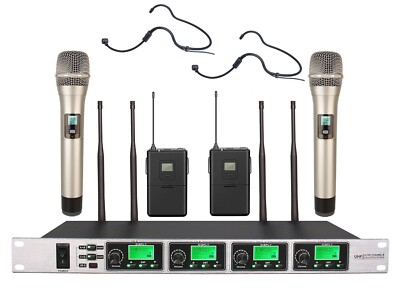 4 Channel UHF PLL Vocal Wireless 2 Handheld 2 Headset/Headworn Microphone Black