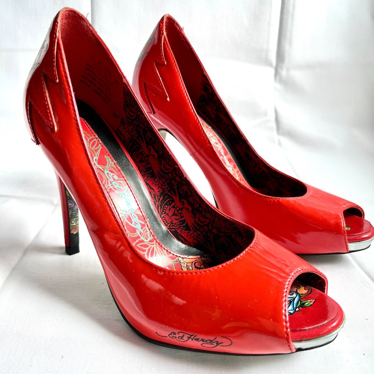 Ed Hardy Graphic Stilettos Womens Size Red Sexy Peep Toe High Heels  Leather