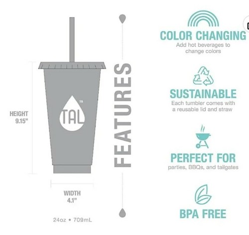 TAL Color Changing Cups 24oz, 4 Pack Reusable Straws - Picture 5 of 8