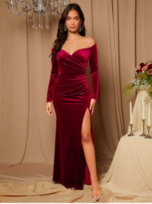 Burgundy Belle Off Shoulder Split Thigh Velvet Bridesmaid Dress Sz XS S M L | eBay Burgundy Belle Off Shoulder Split Thigh Velvet Bridesmaid Dress Sz XS S M L | eBay