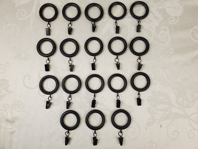 Lot of 18 Vintage Drapery Curtain Rod Rings Black Faux Wood  1-3/8'' I.D. w/Clips