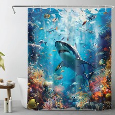Under the Sea Ocean Animals Blue Shark Shower Curtain Bathroom Decor 60X72 Inch