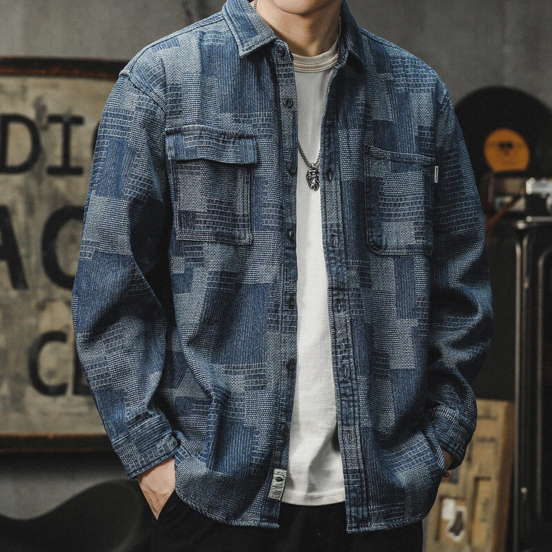 Spring Men's Checked Jeans Jacket Denim Coats Classic Casual Clothes Oversize