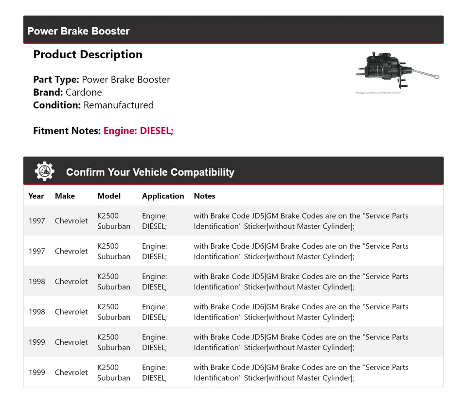Para Chevrolet K2500 Suburban 1997-1999 Diesel Power Brake Booster Cardone 1998 Foto 2 de 4