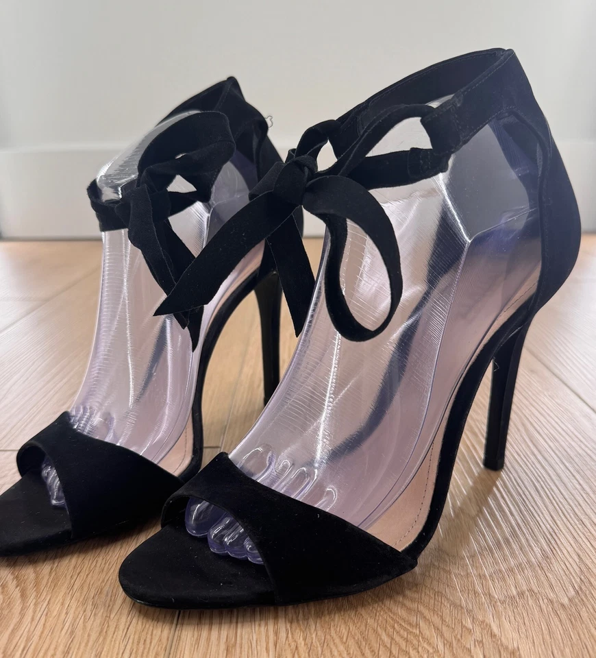 Schutz Talla 9.5 Negro Gamuza Nubuck Tie Sandalia Peep Toe Tacón Alto Cuero Zapato Foto 2 de 4