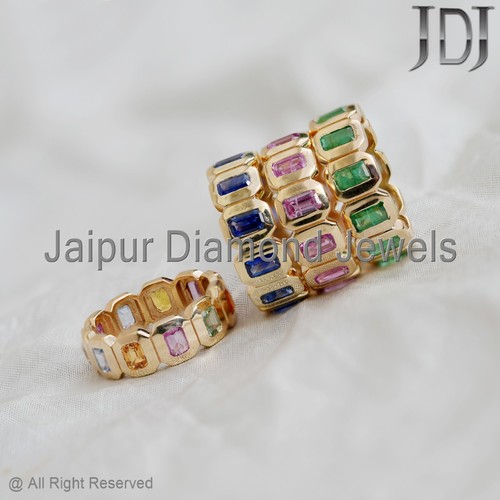 Solid 14k Yellow Gold Band Ring Natural Emerald Gemstone Eternity Ring Jewelry - Picture 17 of 24