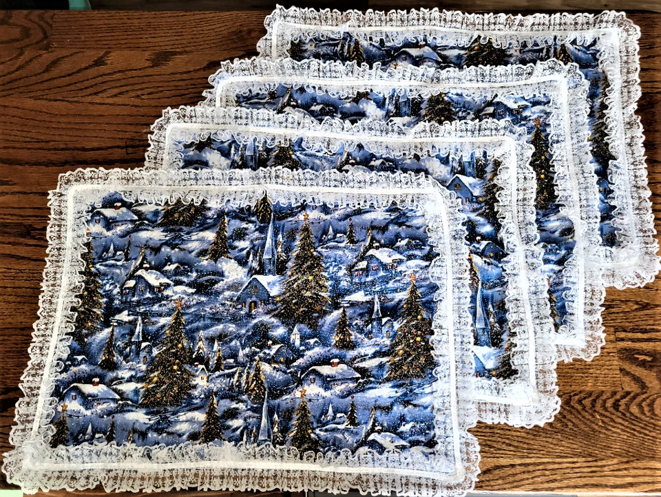 *NEW* Hand Sewn Christmas Village Winter Snow Scene Placemats-4 w/lace 18" X 13" - Image 2 of 2