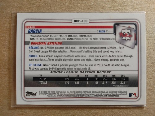 2020 Bowman Chrome Mega Box Prospect Pink Refractor Phillies Luis Garcia 136/199 - Picture 2 of 2
