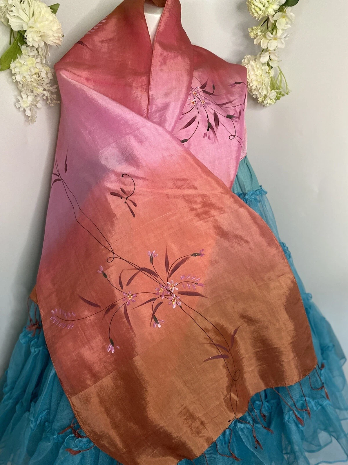100% Silk Hand Painted Rectangular Scarf Dragonfly Design 16" X 60" Ombre Pink