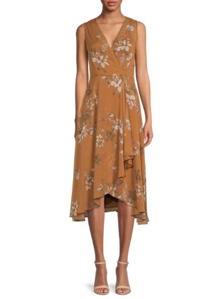 Calvin Klein Floral Faux Wrap Dress, Brown Multi, 2