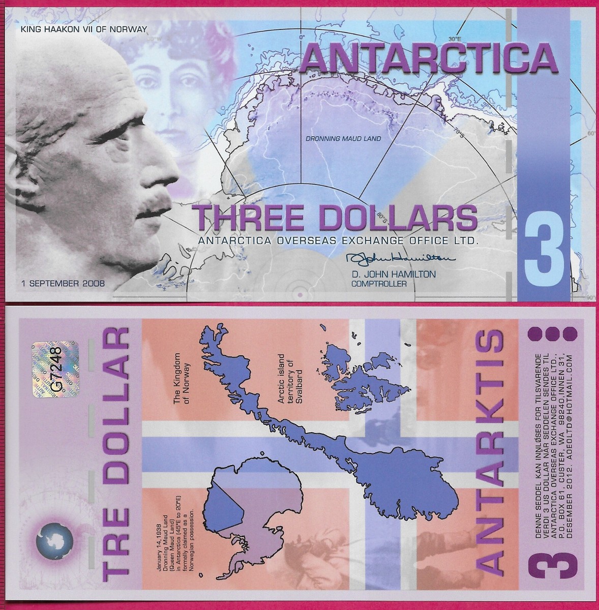 ANTARCTICA 3 DOLLAR 2008 NEW FANTASY NOTE,KING HAAKON VII OF