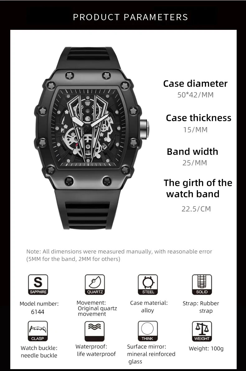 Montre Homme FOXBOX Quartz Carrée Sport - Étanche 30m, Bracelet Résine Noir, Neuve