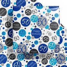 Birthday Wrapping Paper Sheet - 6 Sheets Blue 50th Birthday Design Folded Fla...