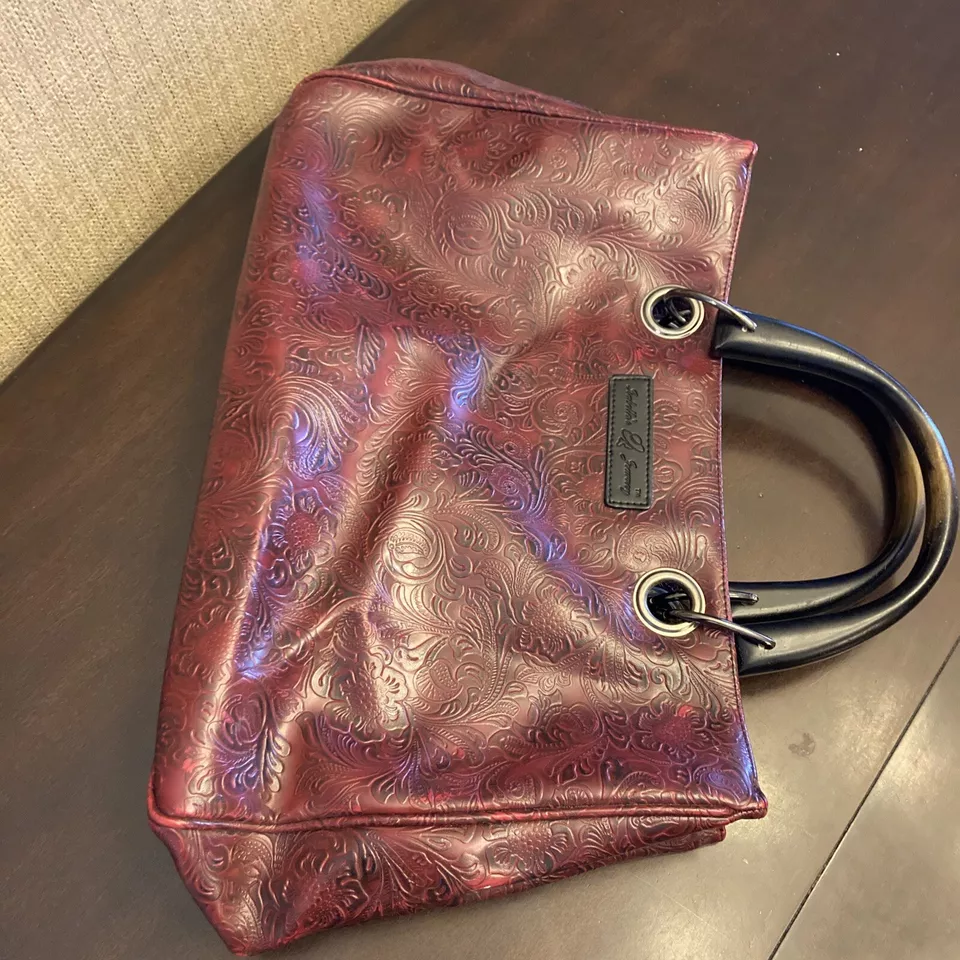 Bolso de Mano Isabella's Journey Vegano Repujado Borgoña Rojo y Marrón Asas de Madera Elegante Foto 3 de 4