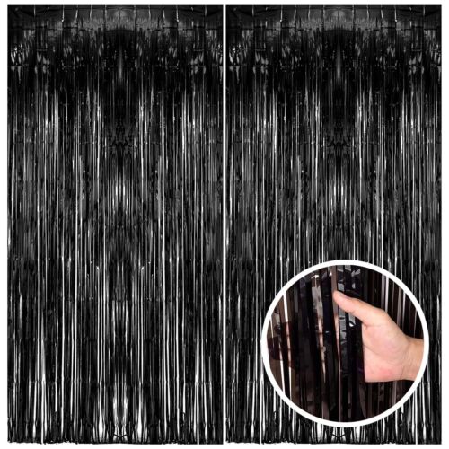 2 Pack Black Party Streamers Backdrop Tinsel Foil Fringe Curtains Halloween P...