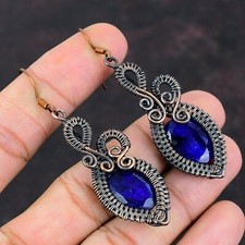 Memorial Day Sale Copper Oval Natural Blue Sapphir Wire Wrapped Dangle Earrings