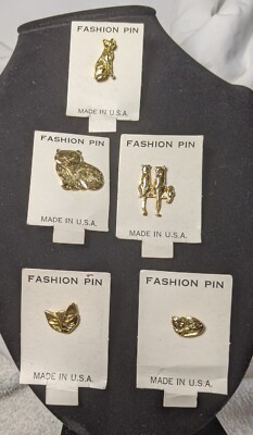 Vintage Cat Pins Gold Tone Set 5 Unique Pins Hats Scarves Lanyards #2