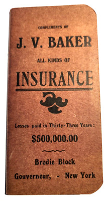 JV Baker 1912 INSURANCE Brodie Block Gouverneur NY Graph paper writing pad