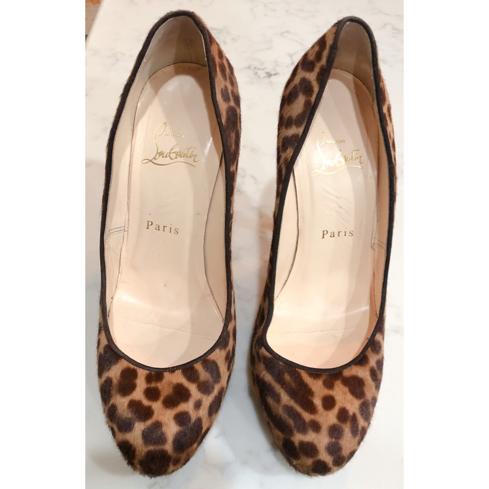 CHRISTIAN LOUBOUTIN Leopard Print Pony Hair Bianca Platform Heels SZ 37.5 image 3