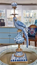 PORCELAIN PARROT CANDLE HOLDER WITH BRONZE ORMOLU- BLUE AND WHITE (RIGHT)-19''H