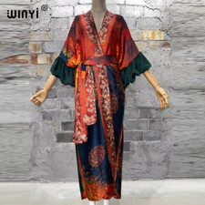 Fashion Print Self Belted Dress Women Elegant Summer Holiday Bubble Sleeve Cardi
