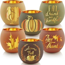 Thanksgiving Votive Candle Holder Set of 6, Glass Votives Holder with 6 Laser En