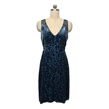 Moulinette Soeurs Velvet Burnout Floral Dress Blue Lace Trim V Neck Midi Size 4