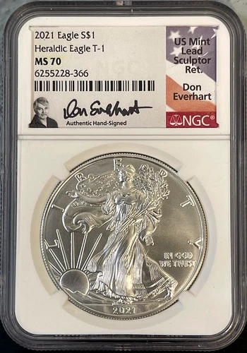 2021 $1 HERALDIC T-1 SILVER EAGLE NGC MS70 DON EVERHART SIGNED FLAG LABEL