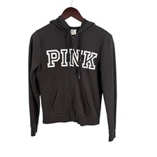 Victorias Secret PINK Full Zip Hoodie Size XS Black Spellout Logo Fleece