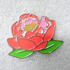 Red Peony Flower Pin Pink Purple Petals Green Leaves Enamel Brooch