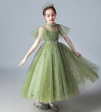Kids Girls Ball Gown Long dress Forest Green Princess Mesh Wedding Frock 2.241