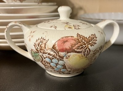 Vintage Nasco Fruit Festival Covered Sugar Bowl Japan Brown Transferware Crazed