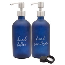 Navy Lotion/Sanitizer Pump Bottles Set of 2, Navy Blue ; Glass Pump Dispense...