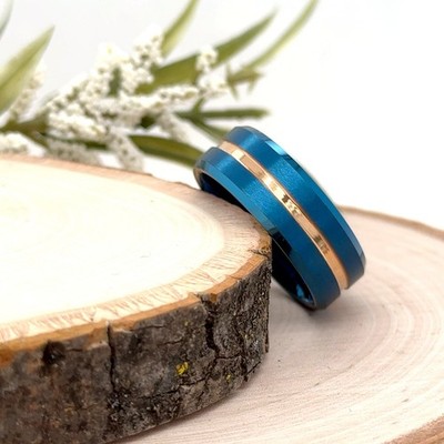 8mm Blue Tungsten Carbide Band Rose Gold Groove Center Ring For Christmas Gifts