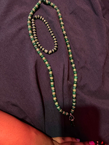 Green & Silver Tone Beaded Ball Chain Necklace, Beads, No Stones, Undated
