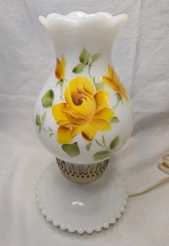 Vintage Bedside Table Milk Glass Hurricane Lamp Painted Yellow Rose Shade