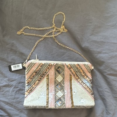 Lulus Cream Multicolor Sequin Beaded Crossbody Bag Zip Gold Chain Strap Pockets