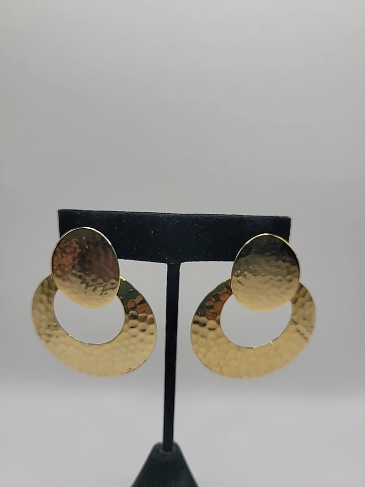 Pendientes Vintage Tono Dorado Disco Martillado Pendientes Retro Años 80 Audaces Foto 4 de 4