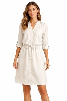 Old Navy Linen Rayon Shirt Dress Ivory Tie Waist Roll Tab Beach Resort Casual M