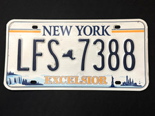 New York License Plate LFS 7388 .... NIAGARA FALLS, MAP, LADY LIBERTY, EXCELSIOR