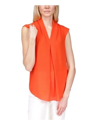 MICHAEL MICHAEL KORS Womens Orange Textured Curved Hem Cap Sleeve V Neck Top XL