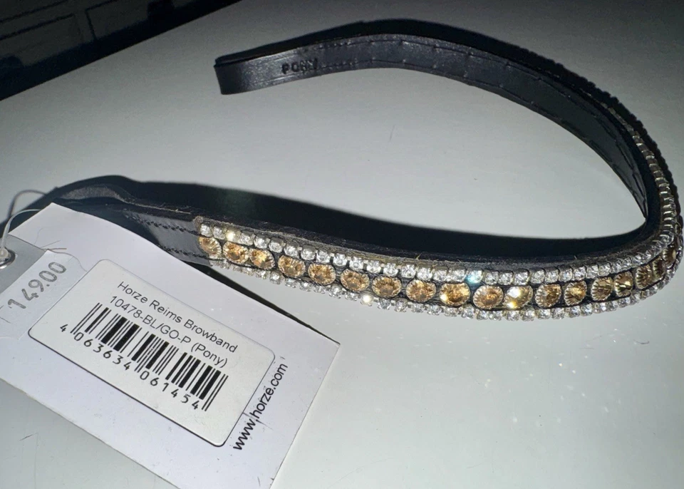 Pulseira Horze Reims Pony couro preto dourado e curva de cristal transparente $149 nova com etiquetas - Imagem 3 de 4