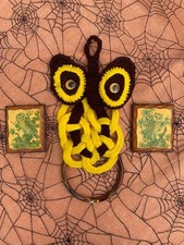 Vintage Crochet Yellow Brown 70s Owl Wall Hanging Towel Holder Boho Towel Ring