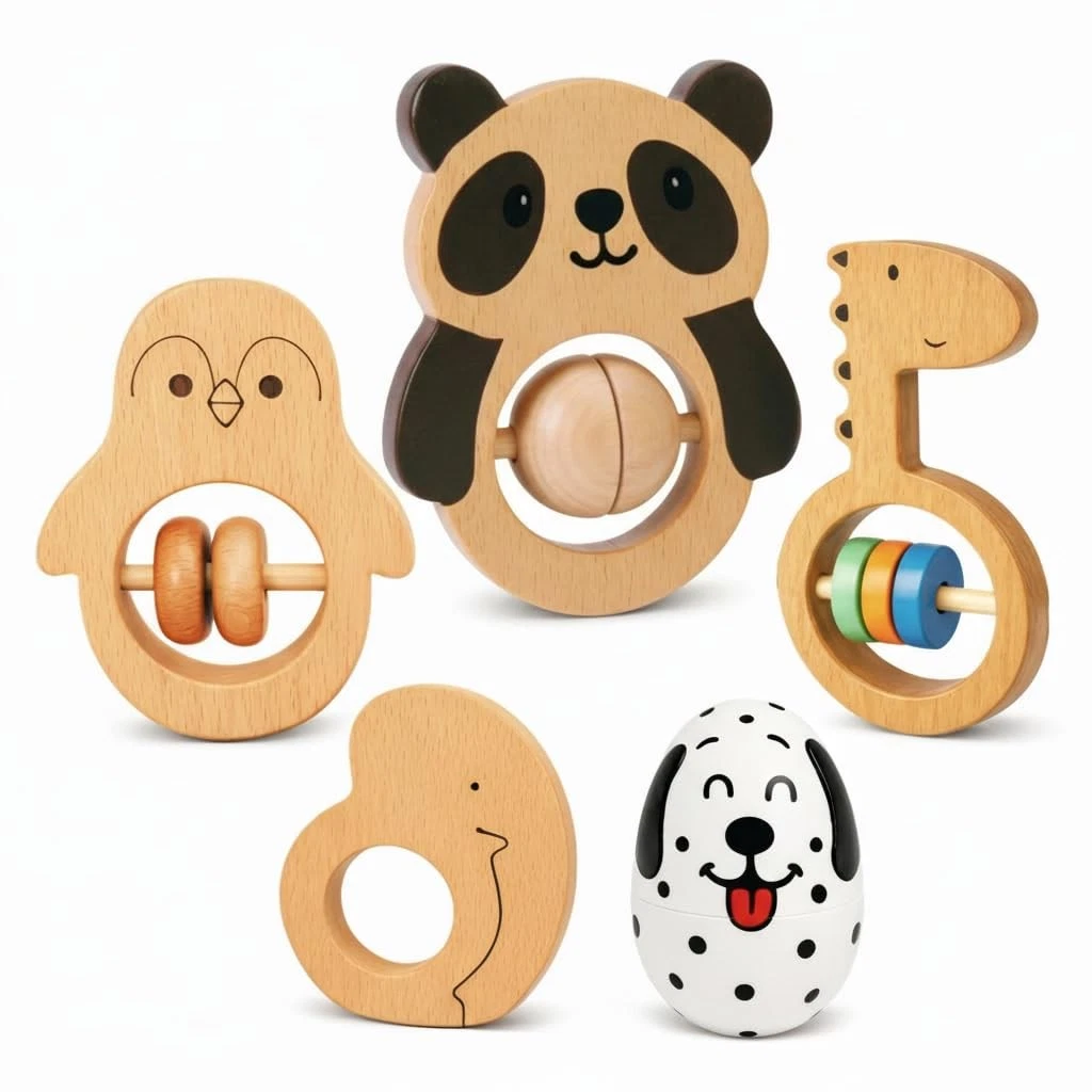 Voofy Wooden Baby Rattle Set 5pcs – Montessori Infant Grasping Toys for 012 M...
