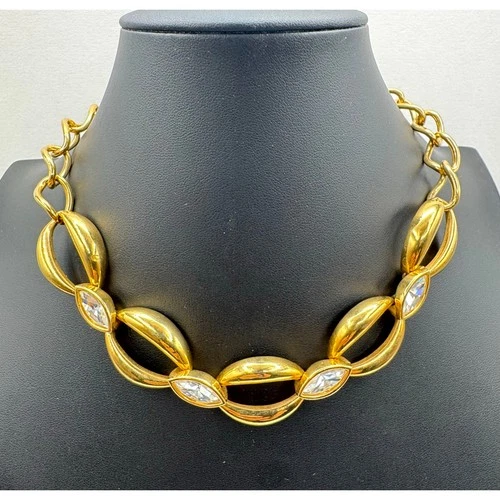Vintage Swarovski Crystal S.A.L Gold Tone Necklace Navette Rhinestone Choker