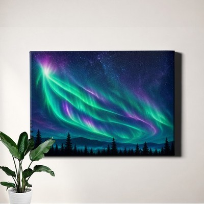 Northern Lights Forest Canvas Art Aurora Over Evergreen Silhouette