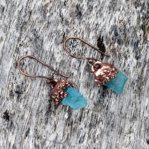 Natural Raw Apatite & Multi Gemstones Copper Antique Statement Dangle Earring