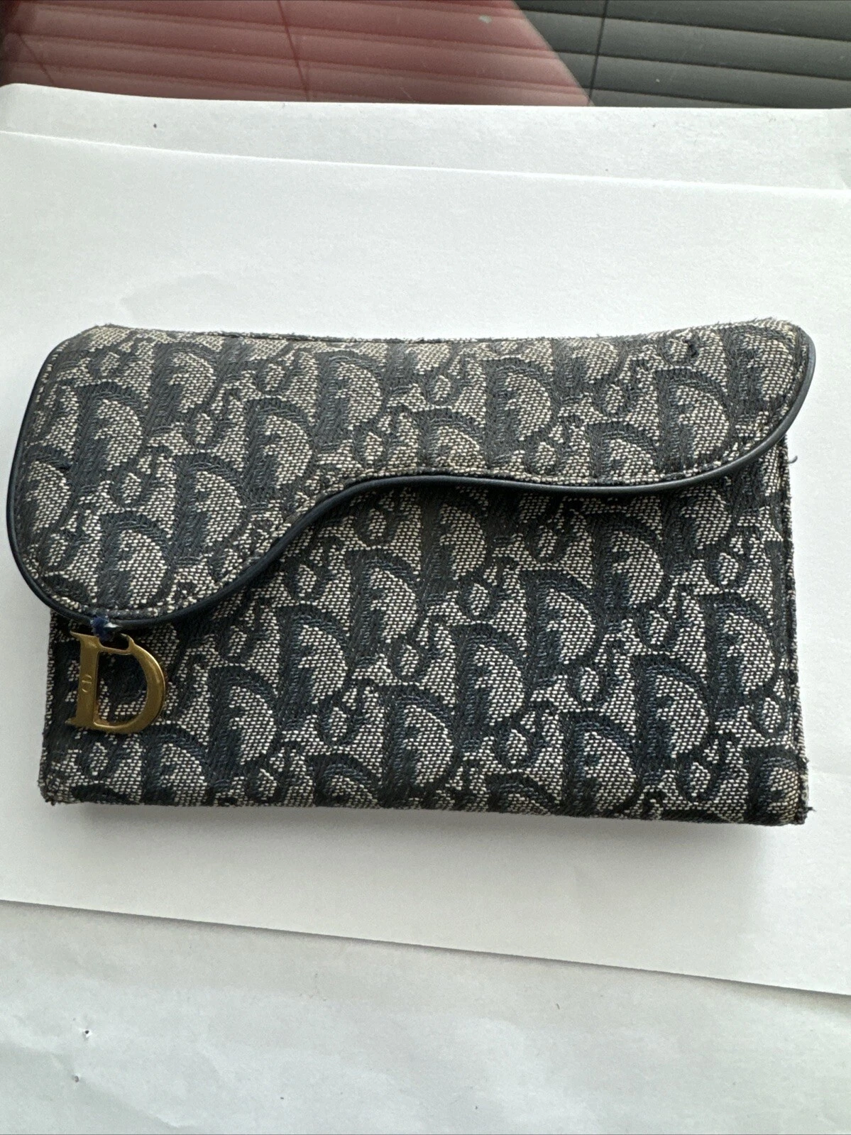 Portefeuille toile trotteur Christian Dior bleu marine or authentique 15286